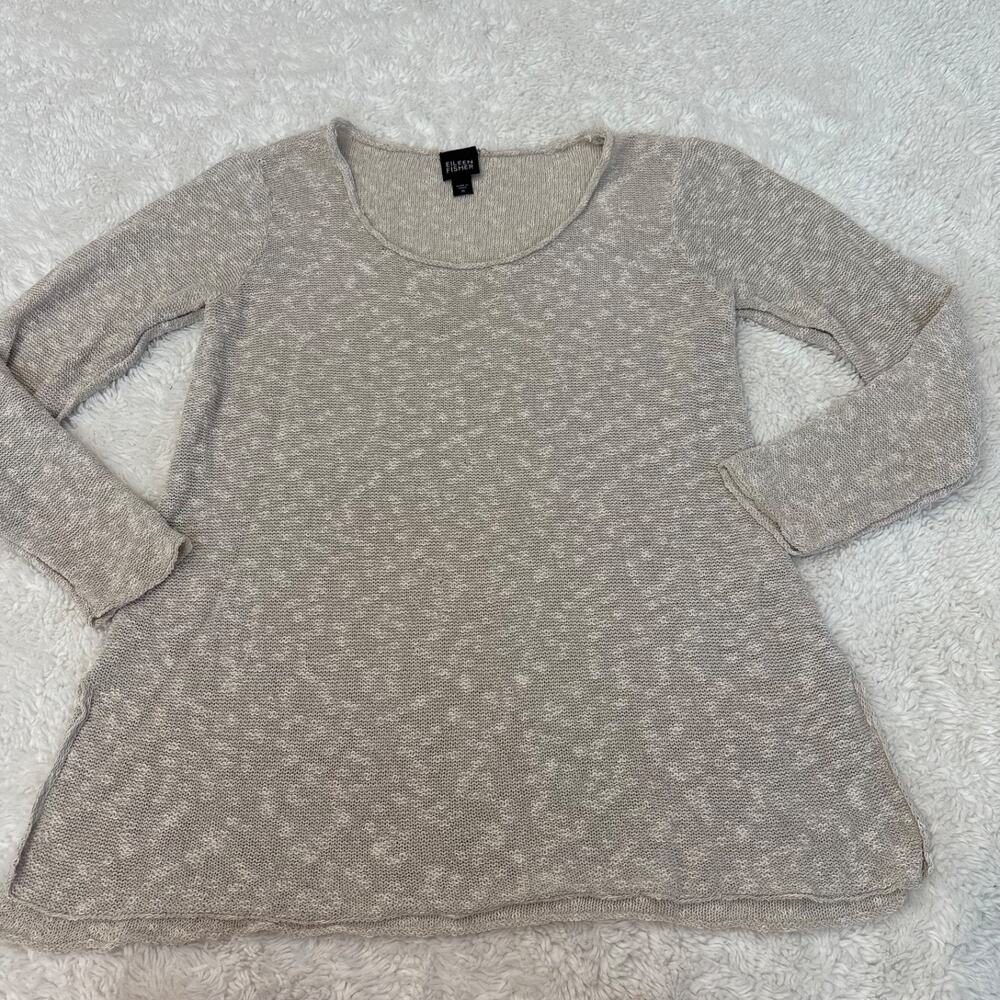 Eileen Fisher Womens Cream Open Knit Linen Blend Sweater Boho Indie Preppy Sz M